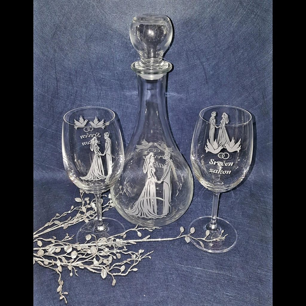 Poročni set steklenica in 2 keliha